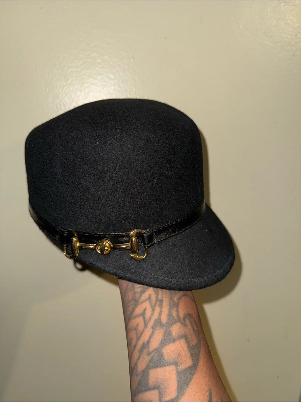 Black Wool Cap with Leather Band - womens Hat